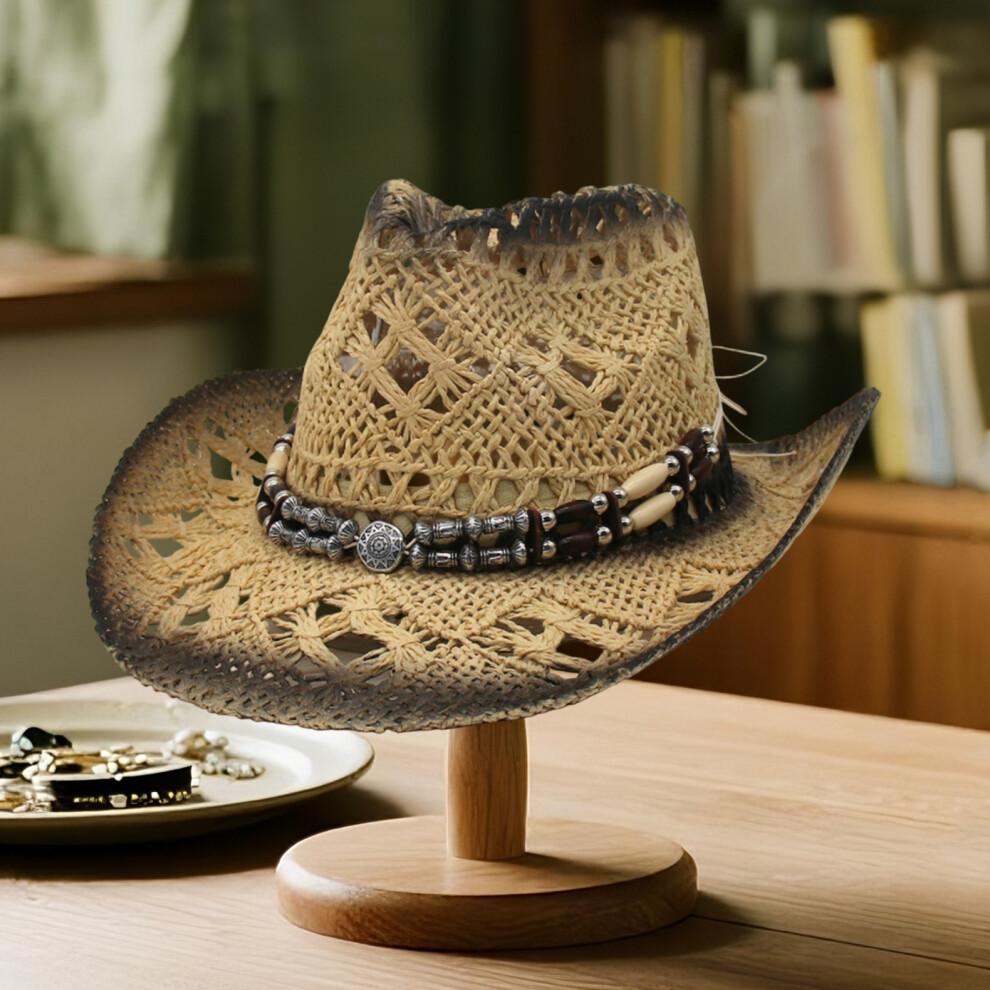 (L, Black) Cowgirl Hats for Women Men Outdoor Western Hat Wide Brim Straw Sun Hat with Beaded Ropes
