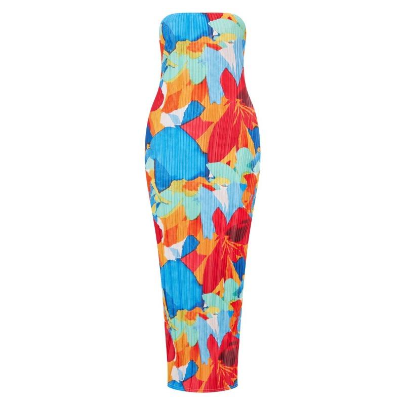 

Burst Tube Top Print Pleated Slim Fit Slim Bow Long Dress Dress XL