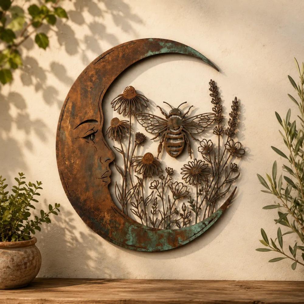 Garden Decor Dragonfly Bee Wall Art 3D Round Celestial Wall Sign Outdoor Accent  Patio Decor