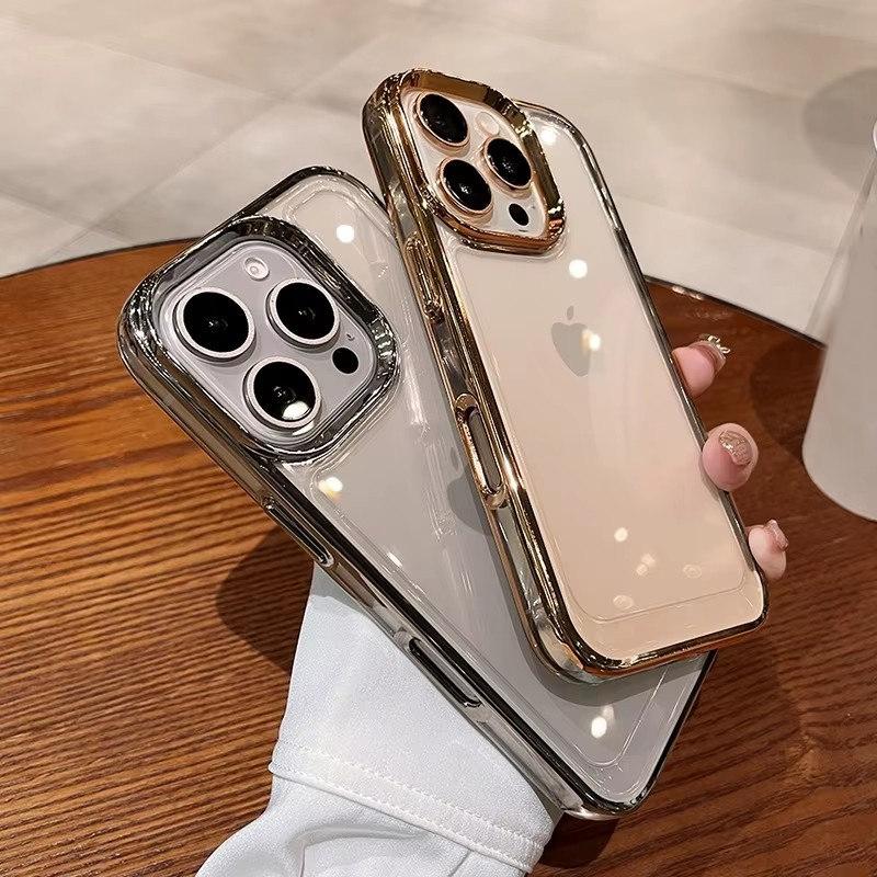Luxury Plating Transparent Acrylic Case for iPhone 16 15 14 13 12 Pro Max 16 Plus Anti-knock Shockproof Hard PC Armor Cover