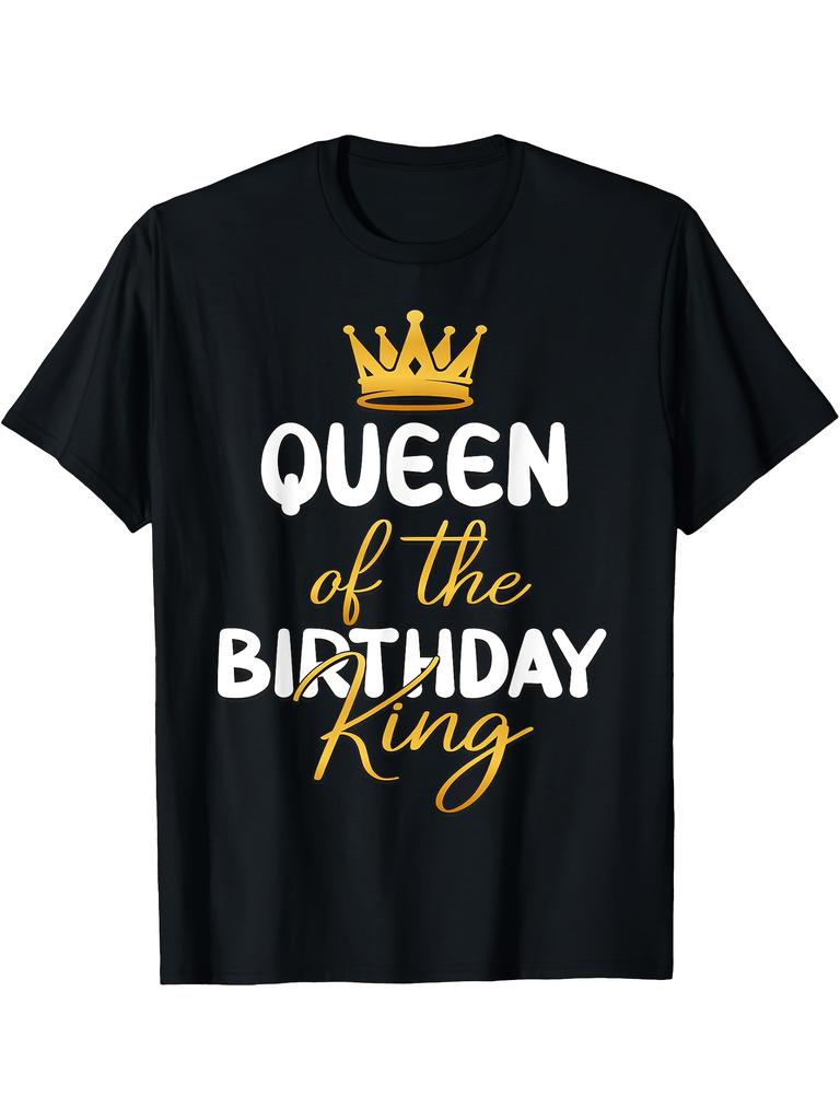 Queen of The Birthday King Graphic T Shirt for Men 180G Heavyweight Casual Crewneck Tee with Crown Design Birthday Party Idea for Him Spring Valentine