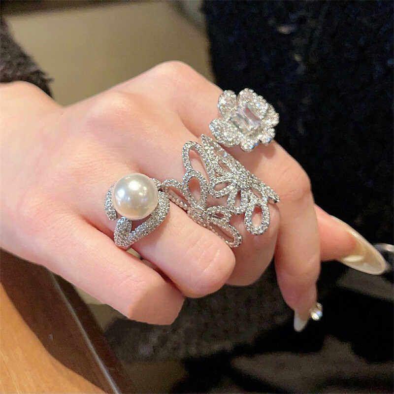 Fashion Retro Super Flash Zircon Micro-Inlaid Cut Out Stylish Large Pearl Grace Versatile Opening Fancy Ring