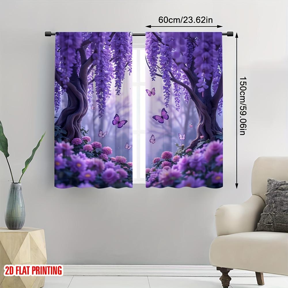 2 st Lila Wisteria & Fjäril Genomskinliga Gardiner – Elegant 2D Blomtryck för Vardagsrum Sovrum Kontor