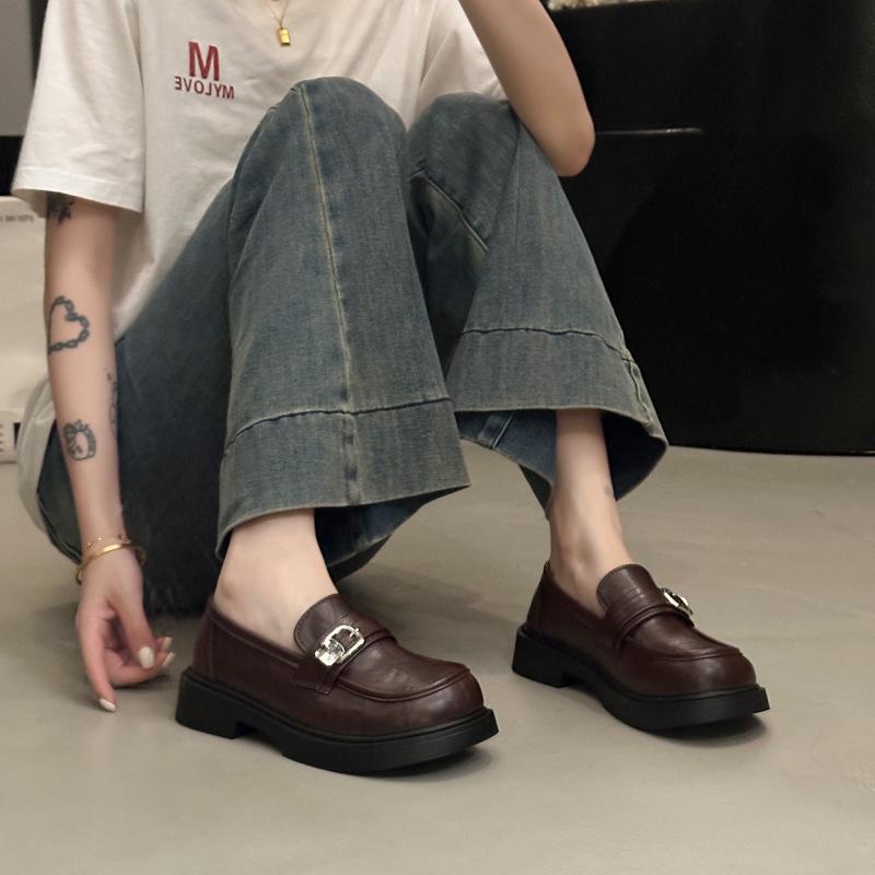 French brown retro thick-heeled loafers women's autumn 2025 new round head platform Mary Jane small leather shoes