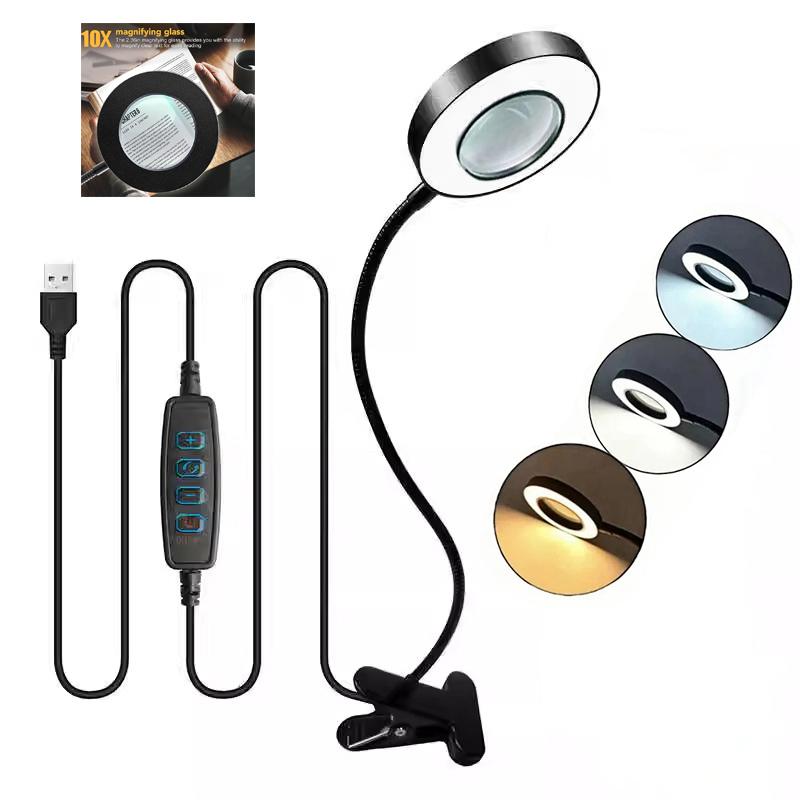 10X Magnifying Glass With 3 Color Modes LED Lighted Desk Lamp LED Magnifier Lamp for Reading Crafting Painting Close Work