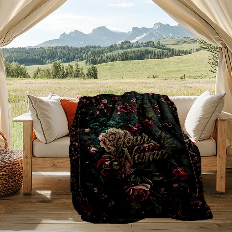 Custom Name Floral nameplate Flannel Fleece Blanket Cozy Warm Throw Blanket For Couch Bed Travel All Season Use