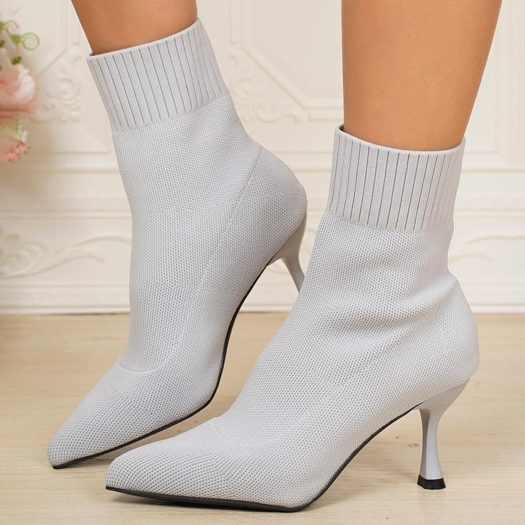 Ladies' Fashionable Knitted Hollow Out High-heeled Short Boots with Elegant Temperament, Soft and Elastic Fabric, Casual and Comfortable Jeans To Wear