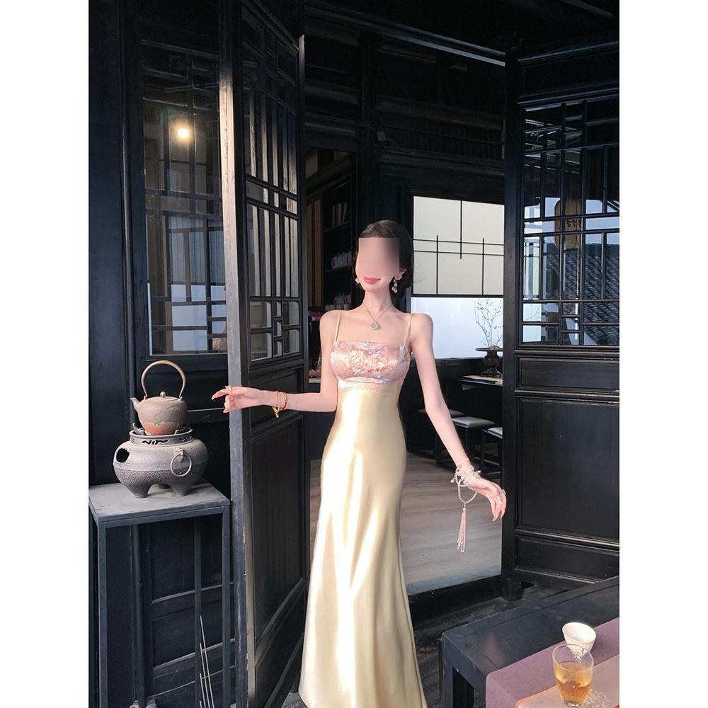 

Летняя двойная версия новый китайский стиль жаккардовая вышивка сарафан повседневный темпераментный высококлассный комбинезон чонсам длинная юбка XL- (recommended 110-60kg)