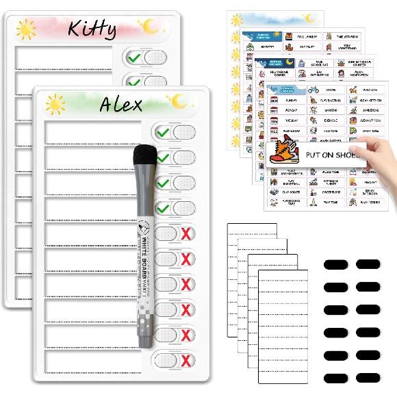Upgraded Slider 3 in 1 Bedtime/Morning/Weekly Routine Chart for Kids, Magnetic Chore Chart for Kids with 99 Stickers, Cute Visual Schedule for Kid