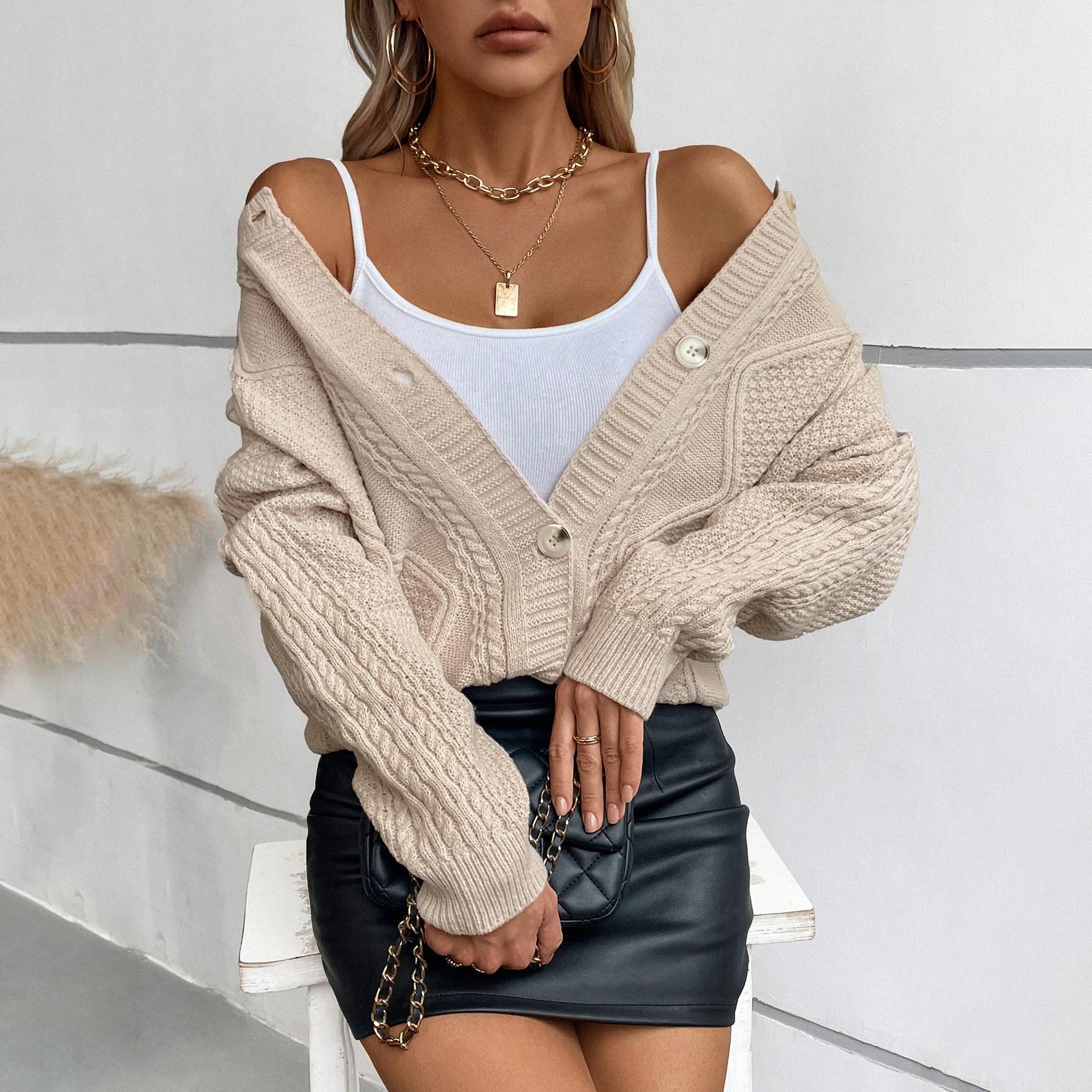 Осень-зима Винтажный свободный топ с длинными рукавами однотонный кардиган трикотажный — фото 6