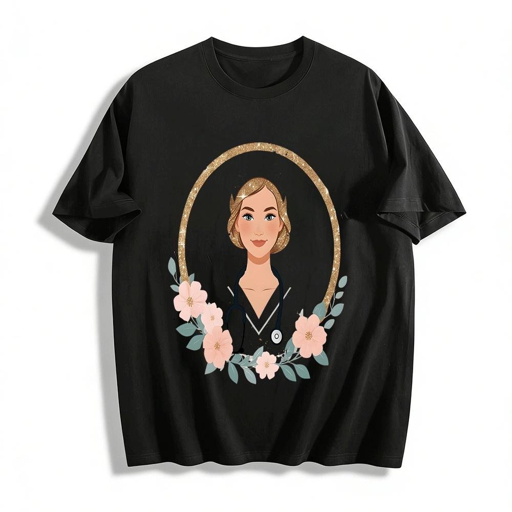 

Floral Gilded Print Nurse Themed Casual Top For Women Pure cotton T-shirt XXS