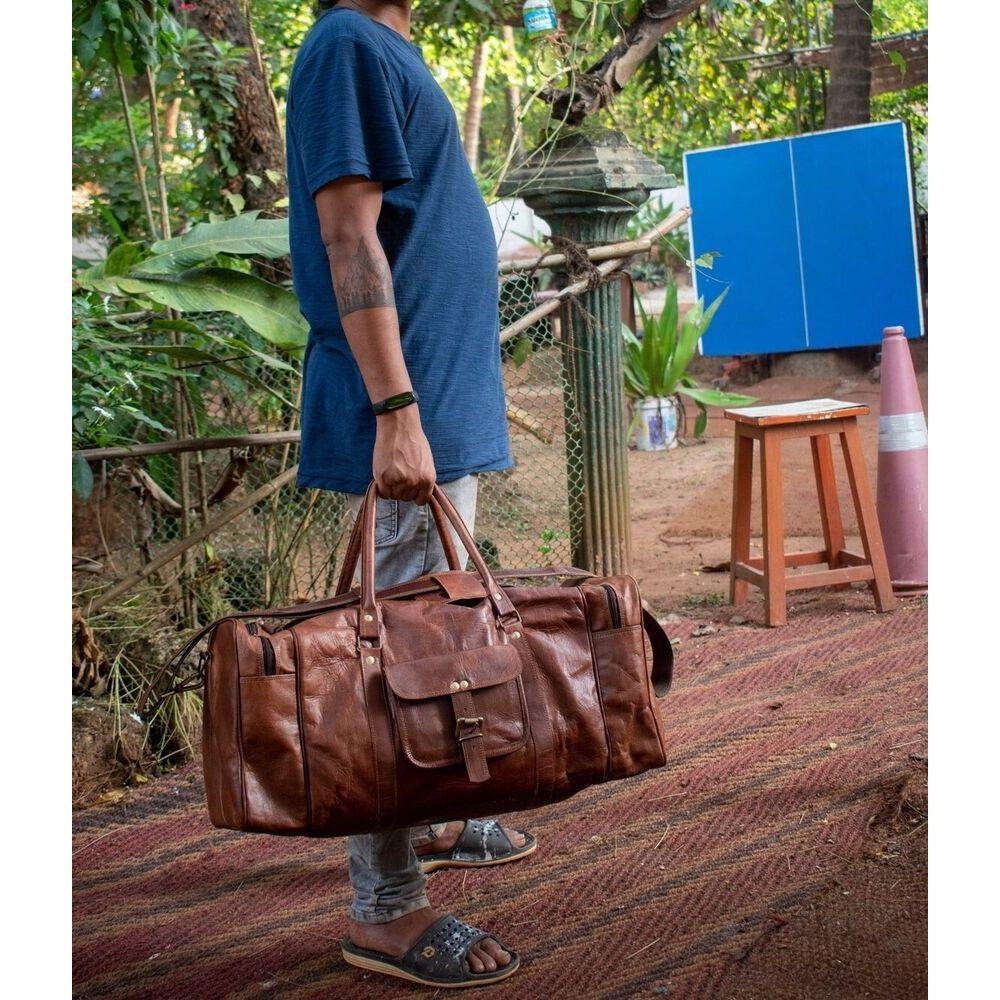 Men's Genuine Goat Leather Vintage Gym Traveler Travel Luggage Bag