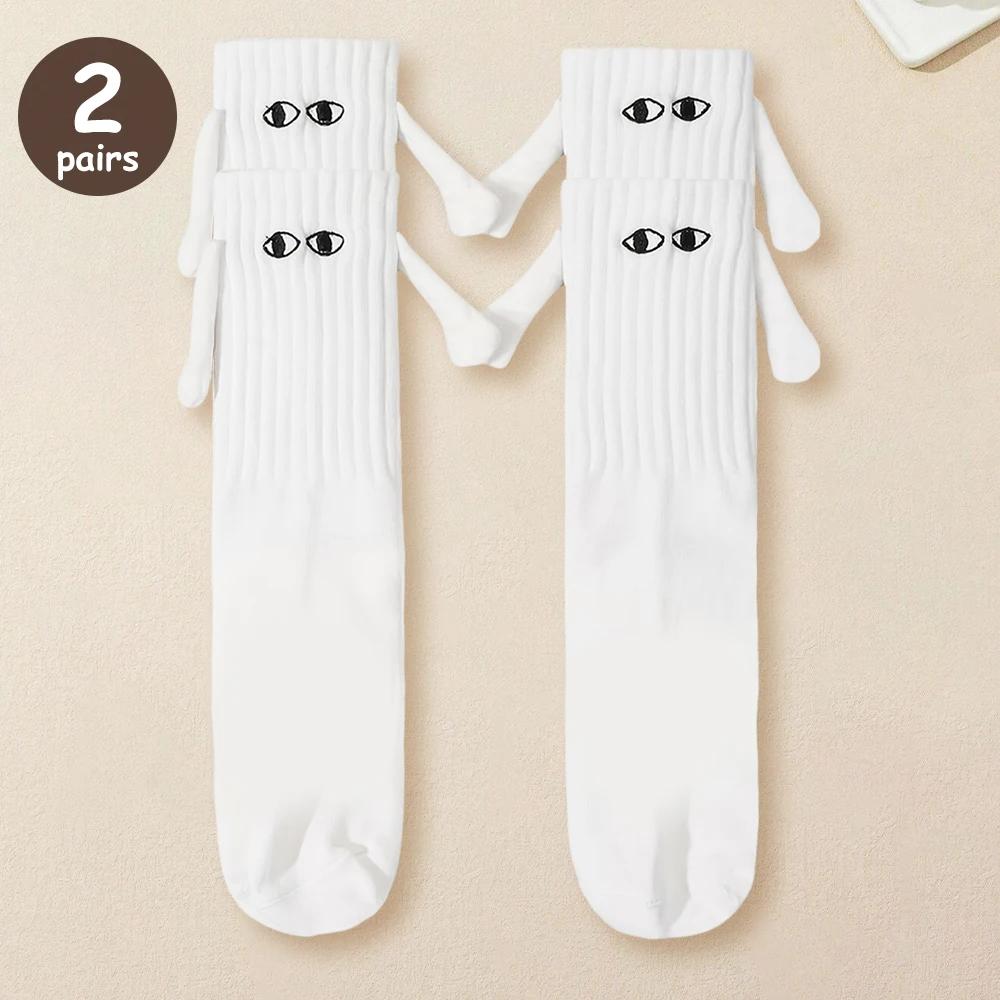 2/4 Pairs Magnetic Socks With Hands Women Men Fashion Black White Funny Cute Cartoon Eyes Couple Mid Tube Socks For Gifts