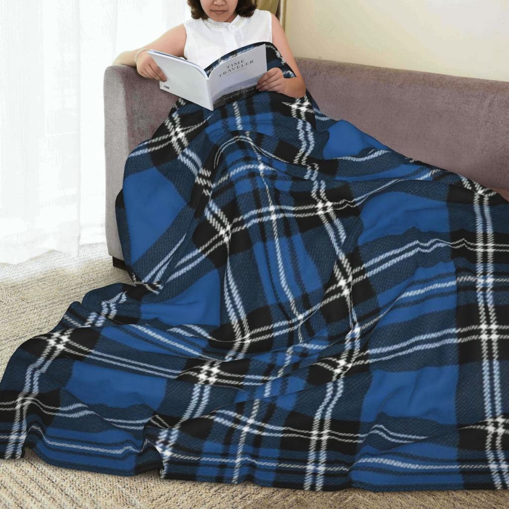Modern Style Blue And Black Plaid Flannel Throw Blanket All-Season Comfort For Sofa And Bed Machine Washable Holiday Gifts