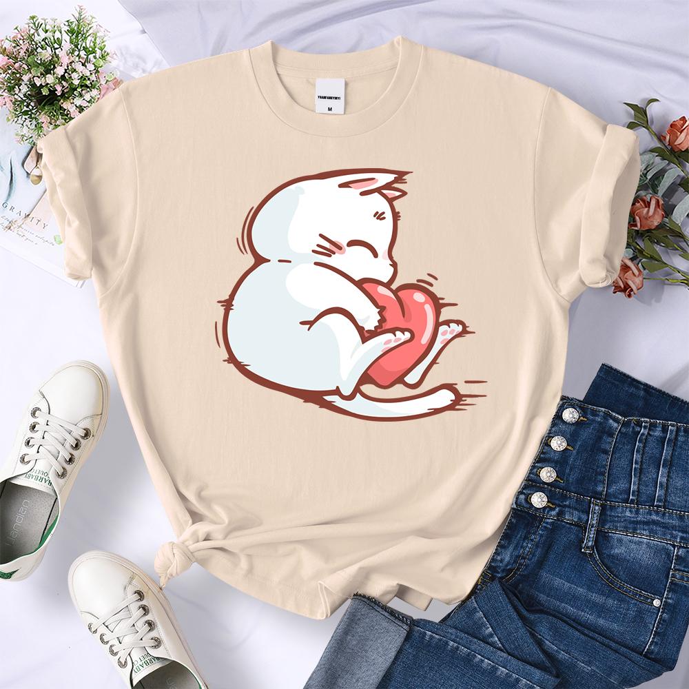 Embrace The Red Heart White Cat Summer 3D Printing Women T-Shirt Hip Hop Soft T Shirts All-Match Y2K Clothing O-Neck Casual Streetwear