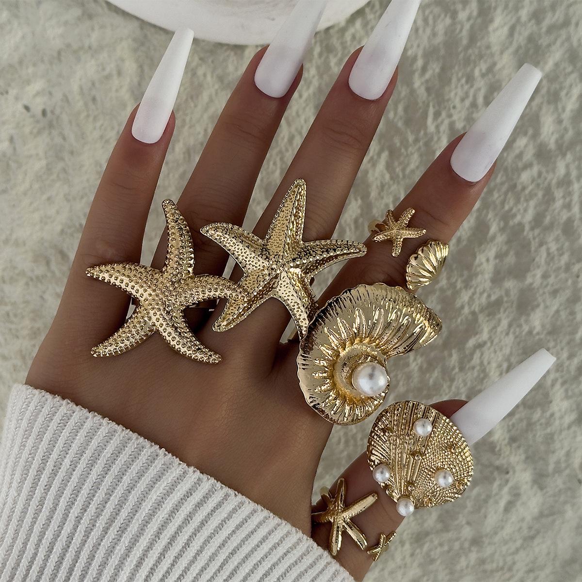 Accessories, Holiday Style Starfish Pearl Ring Set Open Scallop Metal Ring Ring Women