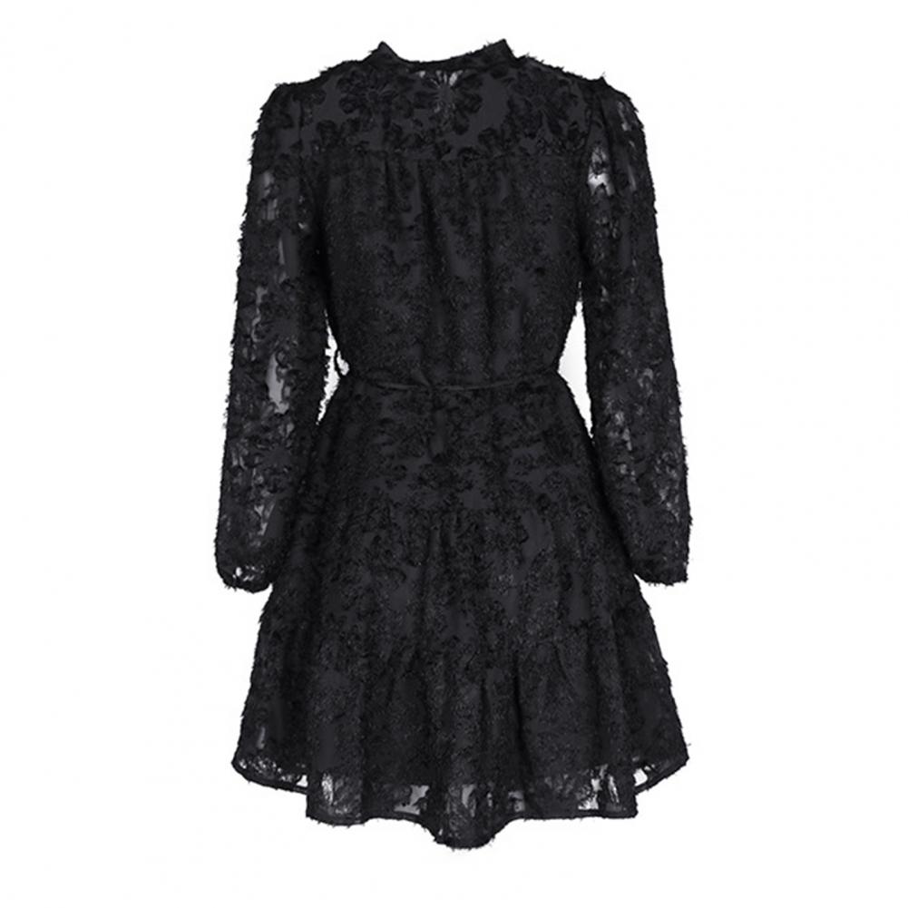 Damen A-Linien-Kleid, elegantes Midi-Spitzenkleid für Damen mit langen Ärmeln, schmale Taille, für Herbst-Frühlingspartys und Verabredungen, Rundhalsausschnitt, Midi