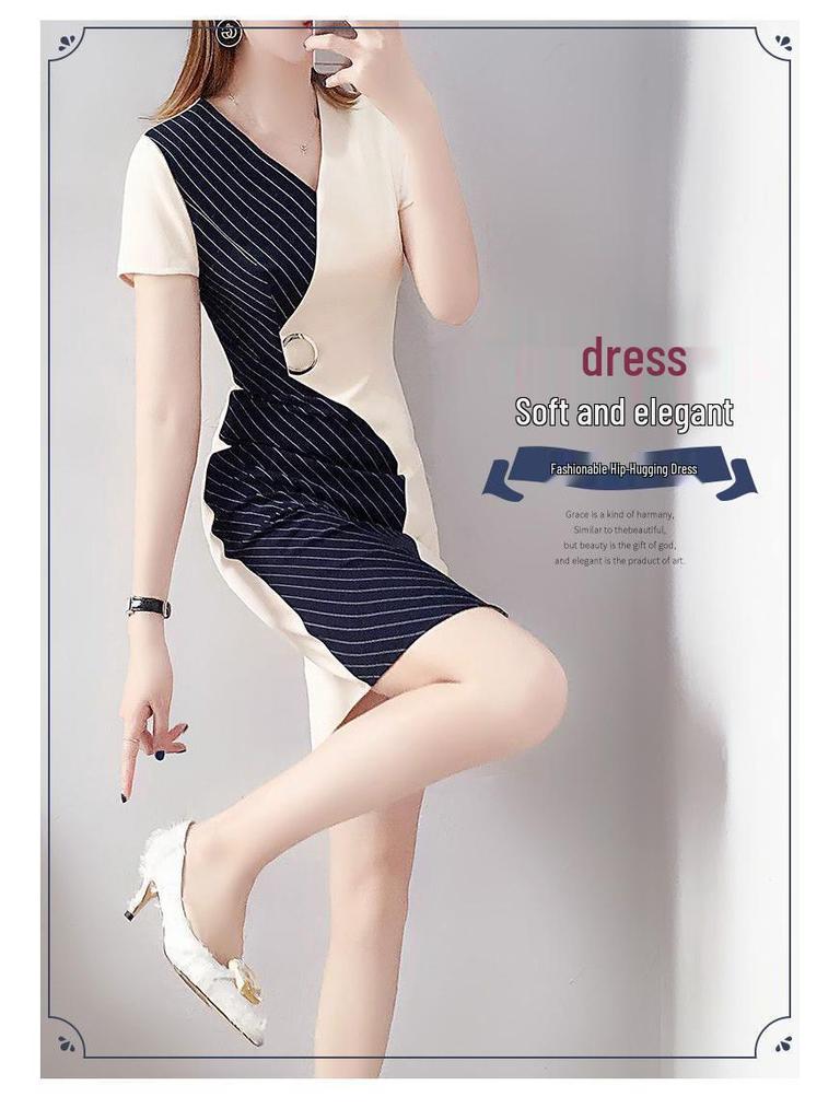 2025 Summer Irregular Short-Sleeve Dress: Stylish Age-Reducing Plus Size Mid-Length Cinched Waist Skirt for Women