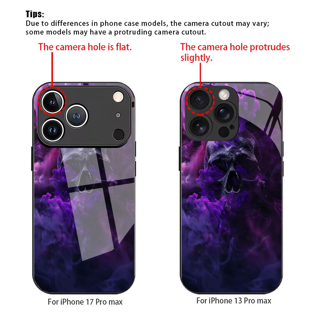 Smoke Skull Pattern Tempered Glass Phone Case Suitable for iPhone 17 16 15 14 13 12 11 Pro Max Plus Shockproof Back Cover