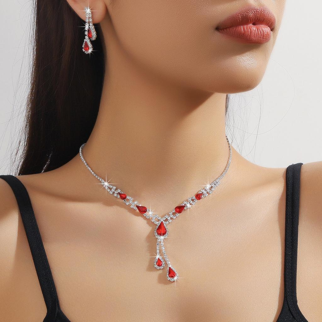 Bridal Jewelry Set Red Necklace Stud Earrings Two-Piece Set Wedding Dress Accessories Elegant Red Suit Women