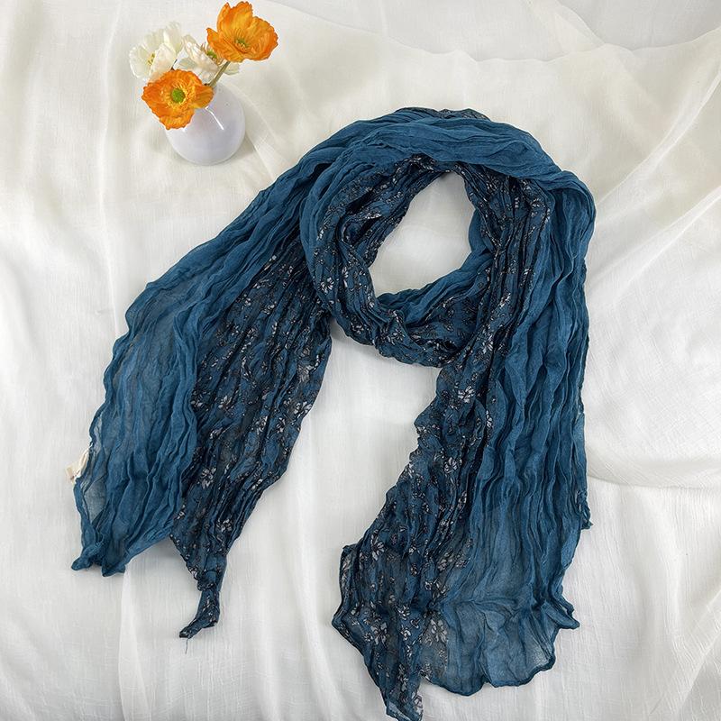 Ethnic Style Pleated Floral Long Scarf Women Korean Retro Thin Shawl Fashionable Temperament Color Blocked Silk