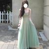 Elegant Khaki Green Two-Piece: Strappy Mesh Dress with Slim-Fit Inner Layer & Long A-Line Skirt for Spring/Summer.