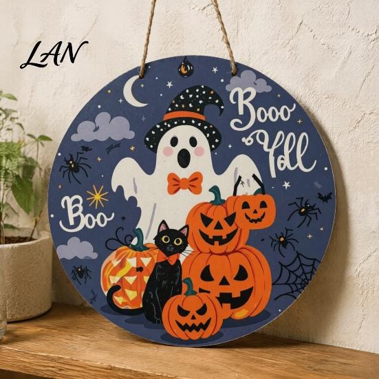 Indoor Outdoor Holiday Ornament Halloween Boo Wood Door Hanger Sign with Cute Ghost Black Hat Pumpkin Print, Front Decorative Craft Gift Porch
