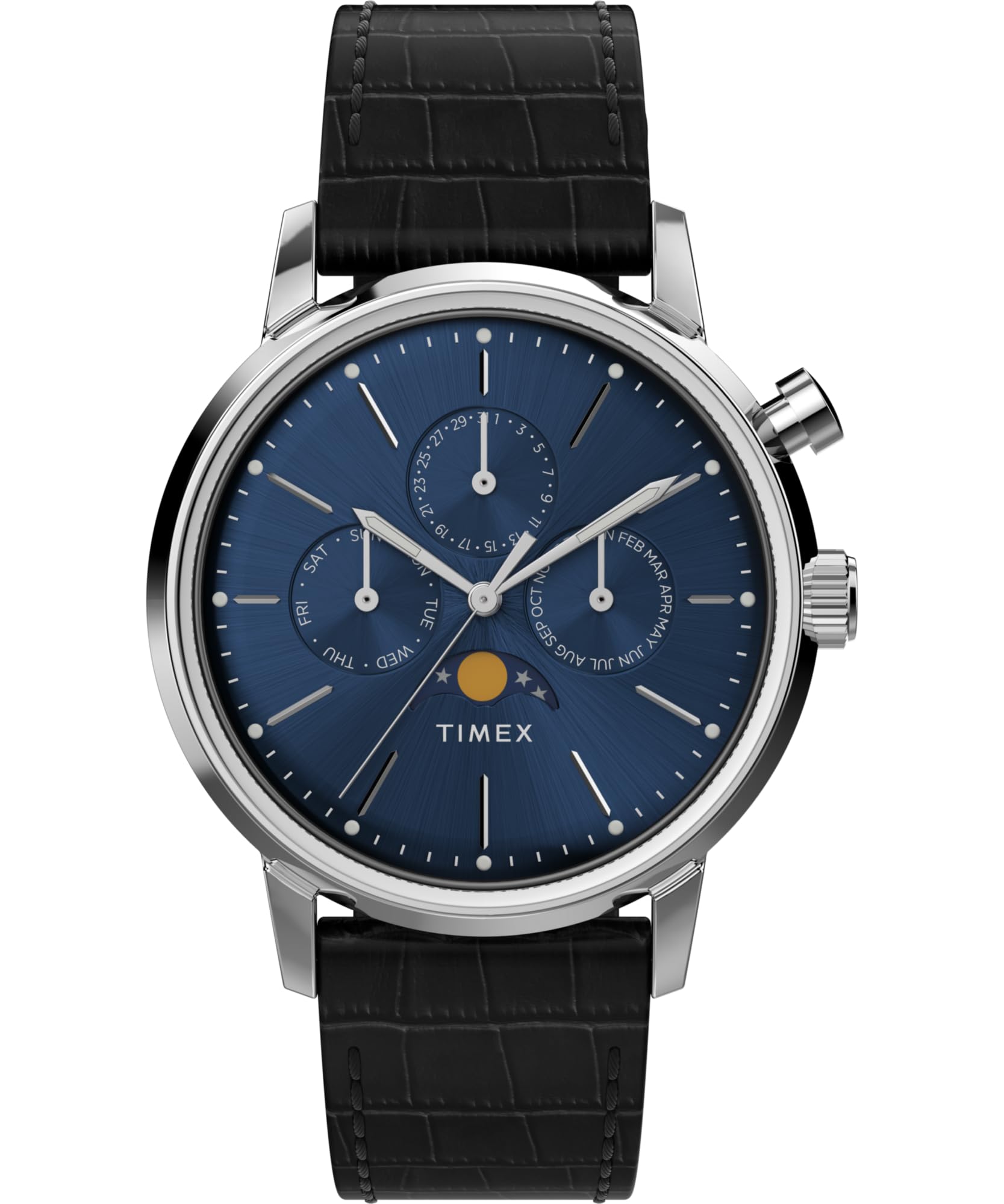 

Timex Men s Merlin Moonphase 40mm Watch - Black Strap Blue Dial Stainless Steel Case, Black