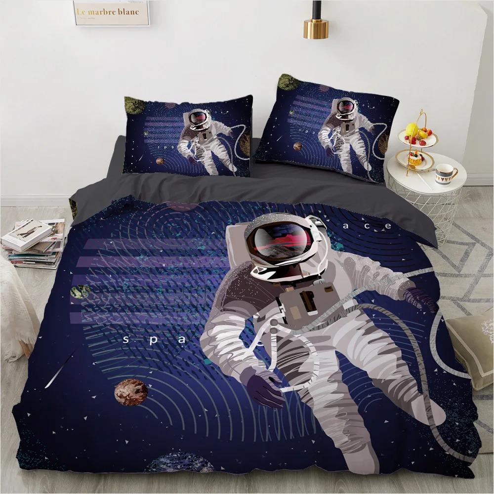 3D Astronaut King Queen Duvet Cover Cartoon Galaxy Universe Bedding Set for Boys Girls Outer Space Soft 2/3pcs Quilt Cover