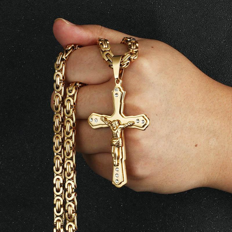 Ancient Men Stainless Steel Crystal Jesus Christ Holy Crucifix Cross Pendant Necklace Byzantine Chain Necklaces Jewelry Gifts