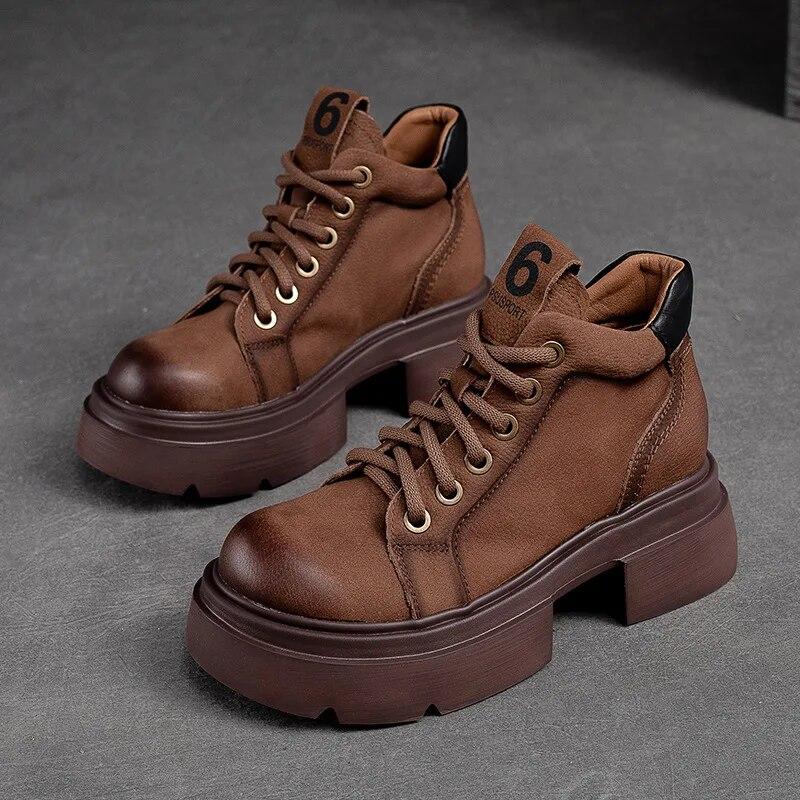 Johnature Retro Genuine Leather Lace-up Short Boots Round Toe Thick Sole Casual Versatile Women's Shoes