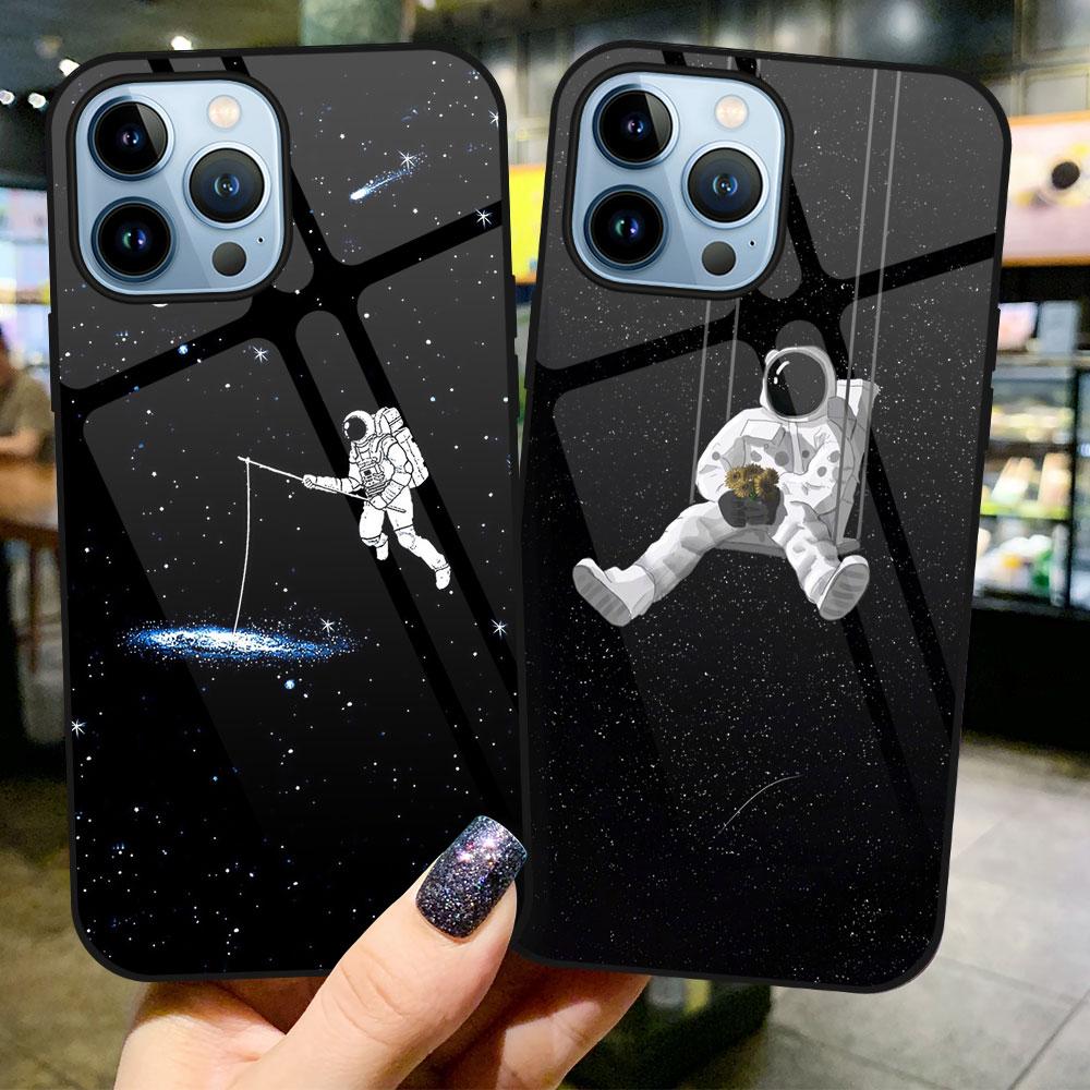 Cartoon Cute Astronaut Case For Iphone 14 13 12 11 Pro Max Mini Xs Xr X 7 8 6s Plus Se 2022 Glass Cover Protection Shell Fundas