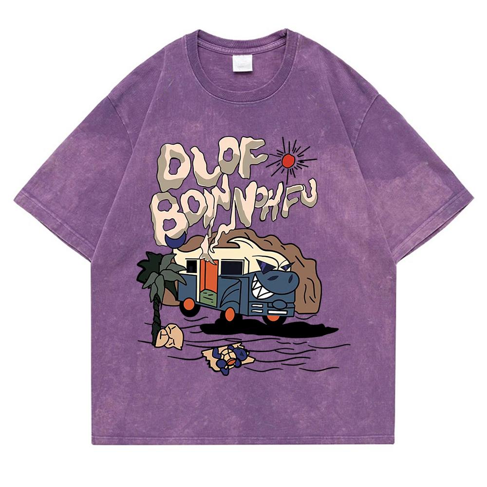 Interesting Cartoon Bus Printing Washed Retro Snow Male Tshirt Oversized Loose T Shirts Cotton Breathable T-Shirts