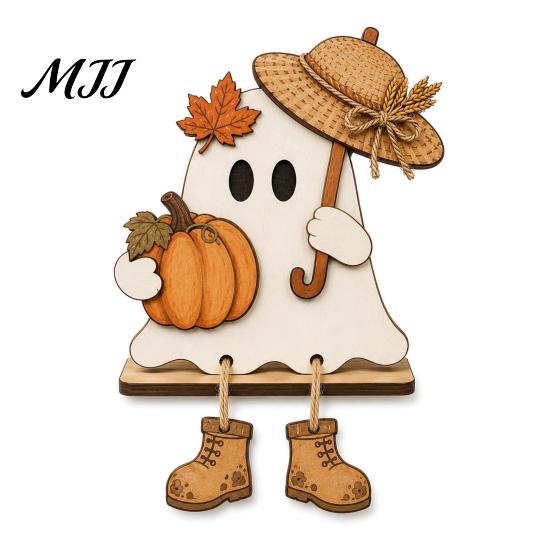 Wooden Ghost Figurines for Fall Harvest Festival Ornament Autumn Home Desktop Decoration, Cute Atmosphere Accessories Halloween Tabletop Figurine with