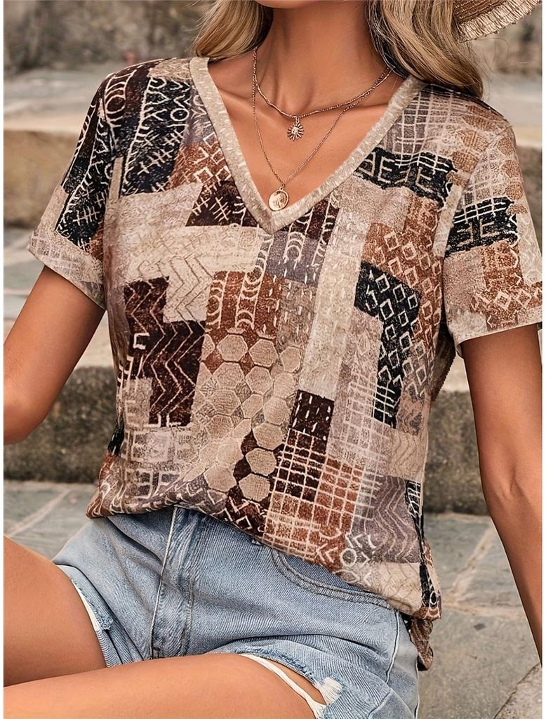 2025 Ethnic Women's T-Shirt Vintage Graphic Fashion Short Sleeved V-Neck Regular Tops Daily Print Tee Summer Spring Casual Tops