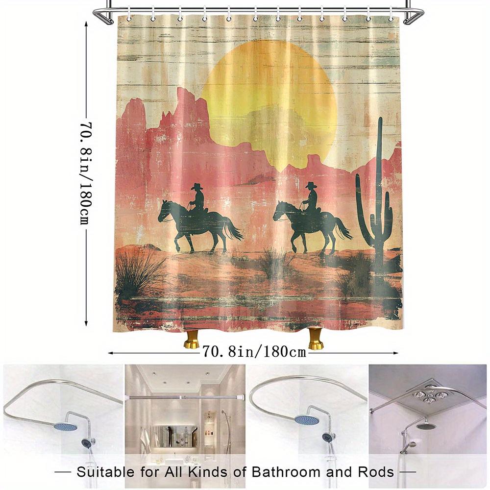 1Pc Western Sunset Cowboy Landscape Shower Curtain - Polyester Fabric Bathroom Decor With 12 Hooks, 70.8X70.8 Inches, Vibrant