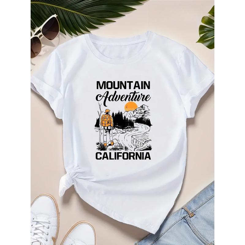 

Европейские размеры Горная California Adventure Графическая футболка – Женская повседневная, удобная с коротким рукавом, с круглым вырезом, с изображением живописных гор и туриста S белый