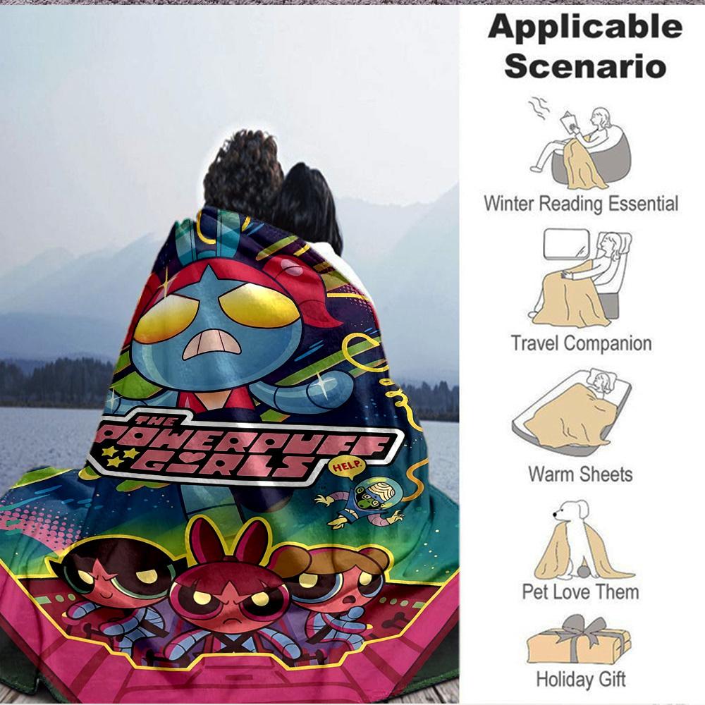 1pc Powerpuff Girls Cozy Print Blanket Lightweight Warm Flannel Throw Blanket For Sofa, Bed, Living Room