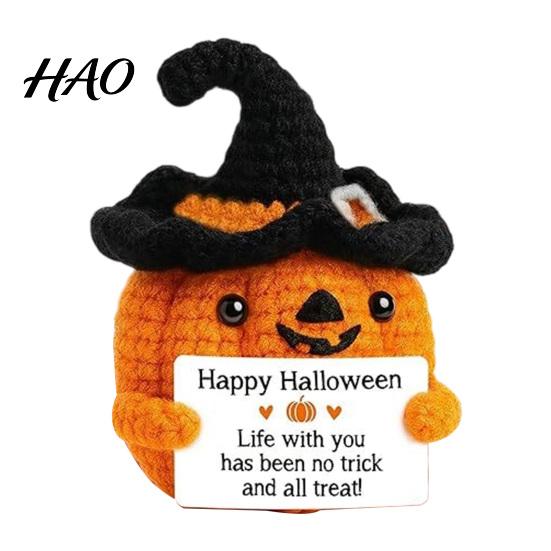 Decorative Pumpkin for Shelves Handmade Crochet Positive with Witch Hat, Fall Boo Basket Stuffer, Cute Halloween Room Decor Mini Knitted Plush
