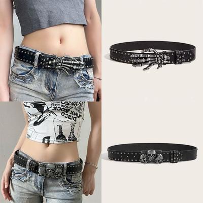 Punk Skull Belt Harajuku Gothic Y2K Rivets Skeleton Hand Decoration Belt Men Girls Leather Belt Unisex