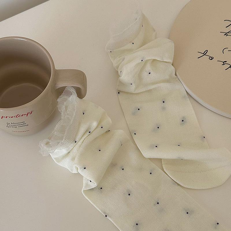 Miu Style Women’s Polka Dot Lace Trim Mid-Calf Slouch Socks - Thin, Breathable, Trendy, Seamless Cotton for Spring/Summer.