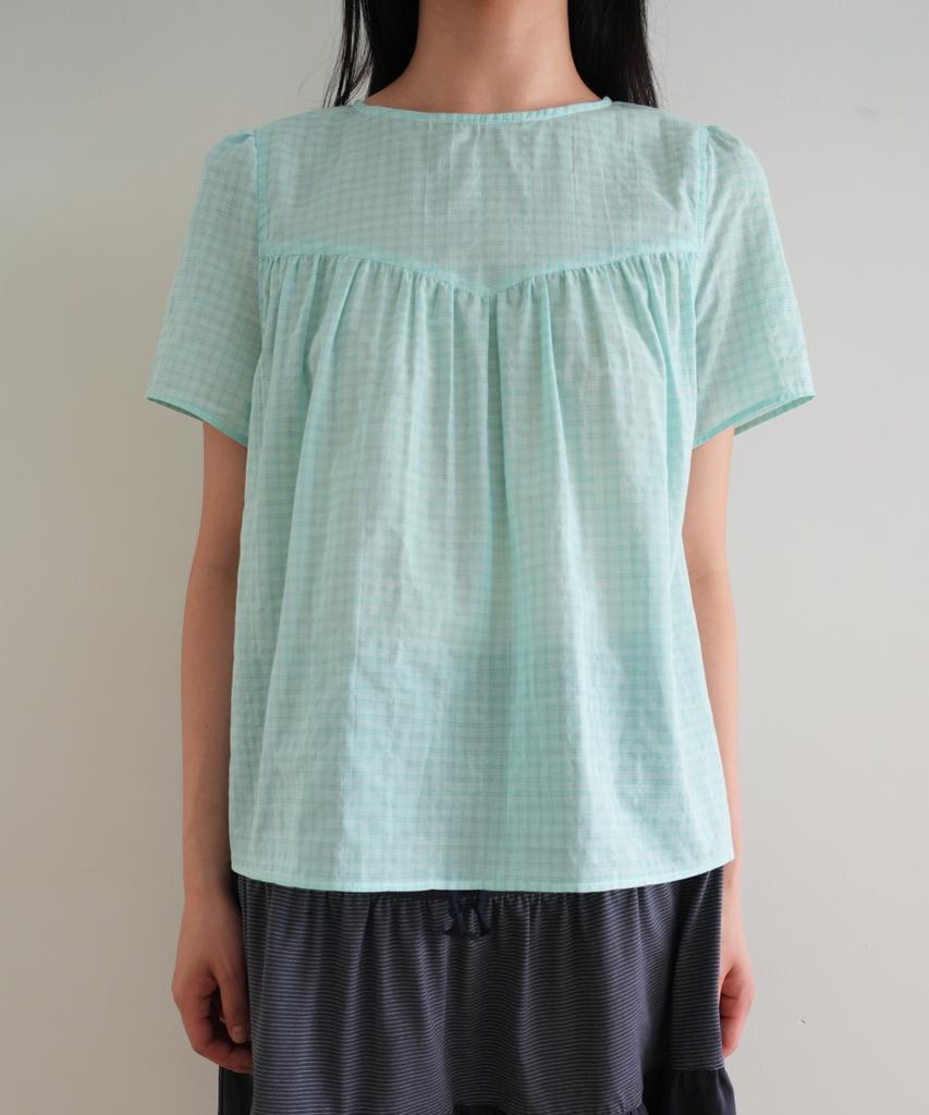 NAATS Check Shirring Half Blouse, Mint