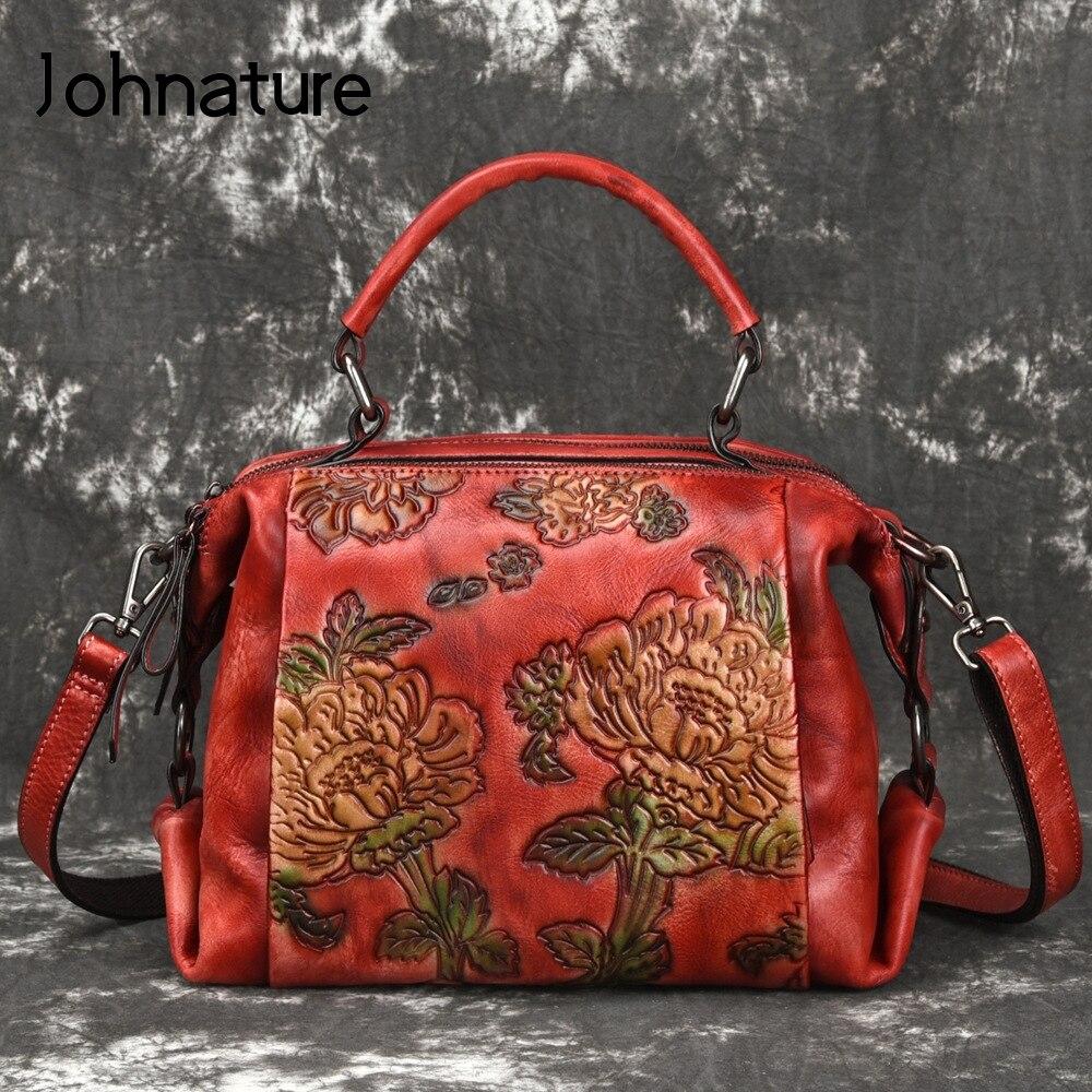 Johnature Retro Embossing Flower Women Bag Genuine Leather Handbag Cowhide Large Capacity Shoulder & Crossbody Bags