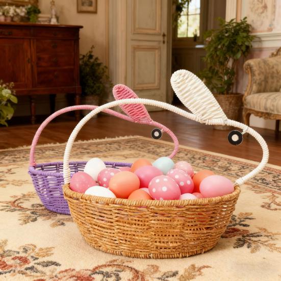 Rattan Bunny Basket Handwoven Basket with Bunny Ears Easter Rabbit Basket for Decoration Gifts Easter Eggs Candy Party Favors Storage
