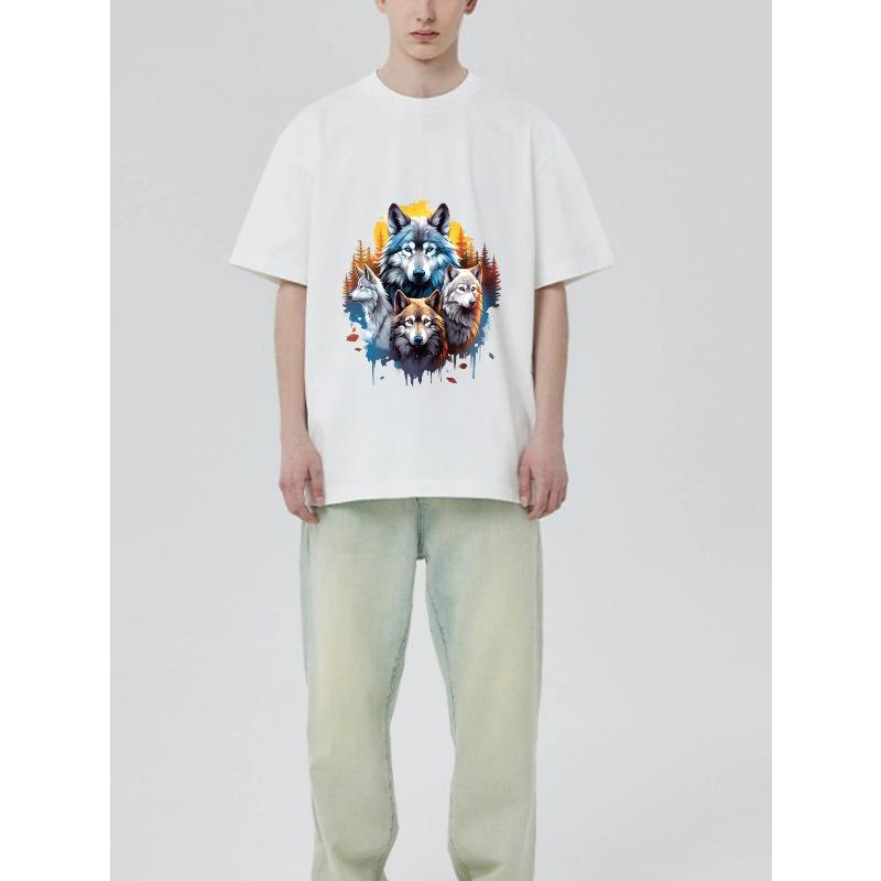 Wolf Print T Shirt Black Four Wolves and Autumn Forest Design for Casual Wear