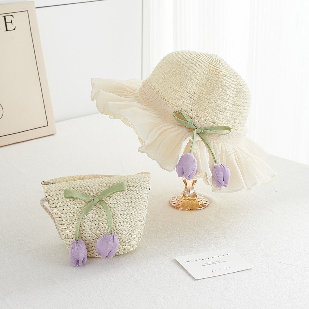 with Same Style Crossbody Bag Tulip Straw Sun Hat Korean Style Lace Brim Beach Cap  Kid