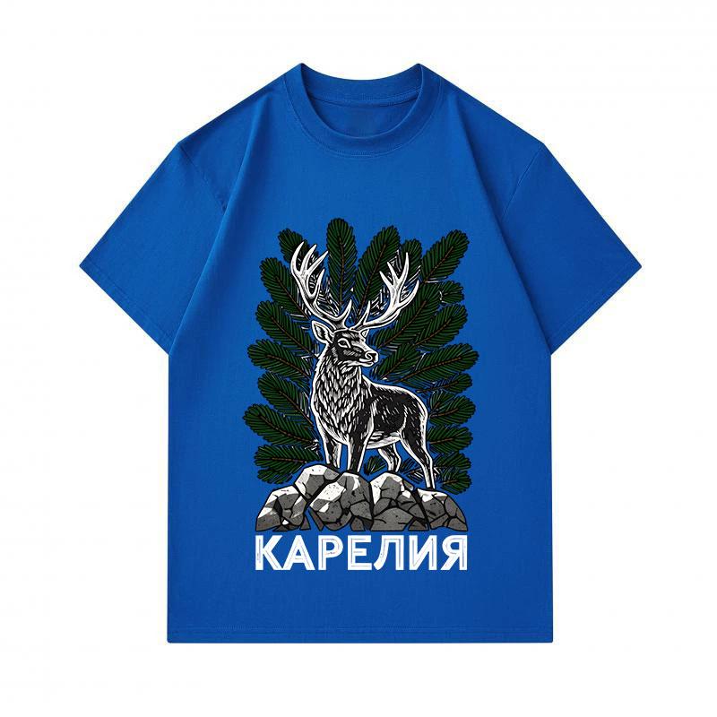 Men's 100% Cotton Short Sleeve Crew Neck T-shirt, Retro Karelia Deer Pine Nature Printed Casual Daily Comfortable Lightweight Tee for Outdoor Lover
