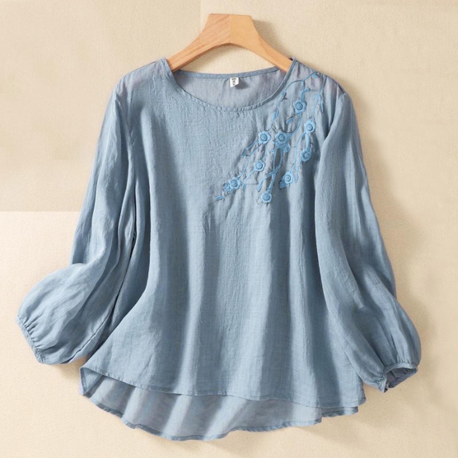 

Женская однотонная хлопковая и льняная футболка с длинными рукавами и вышивкой в стиле ретро с дышащей тканью и круглым вырезом M синий