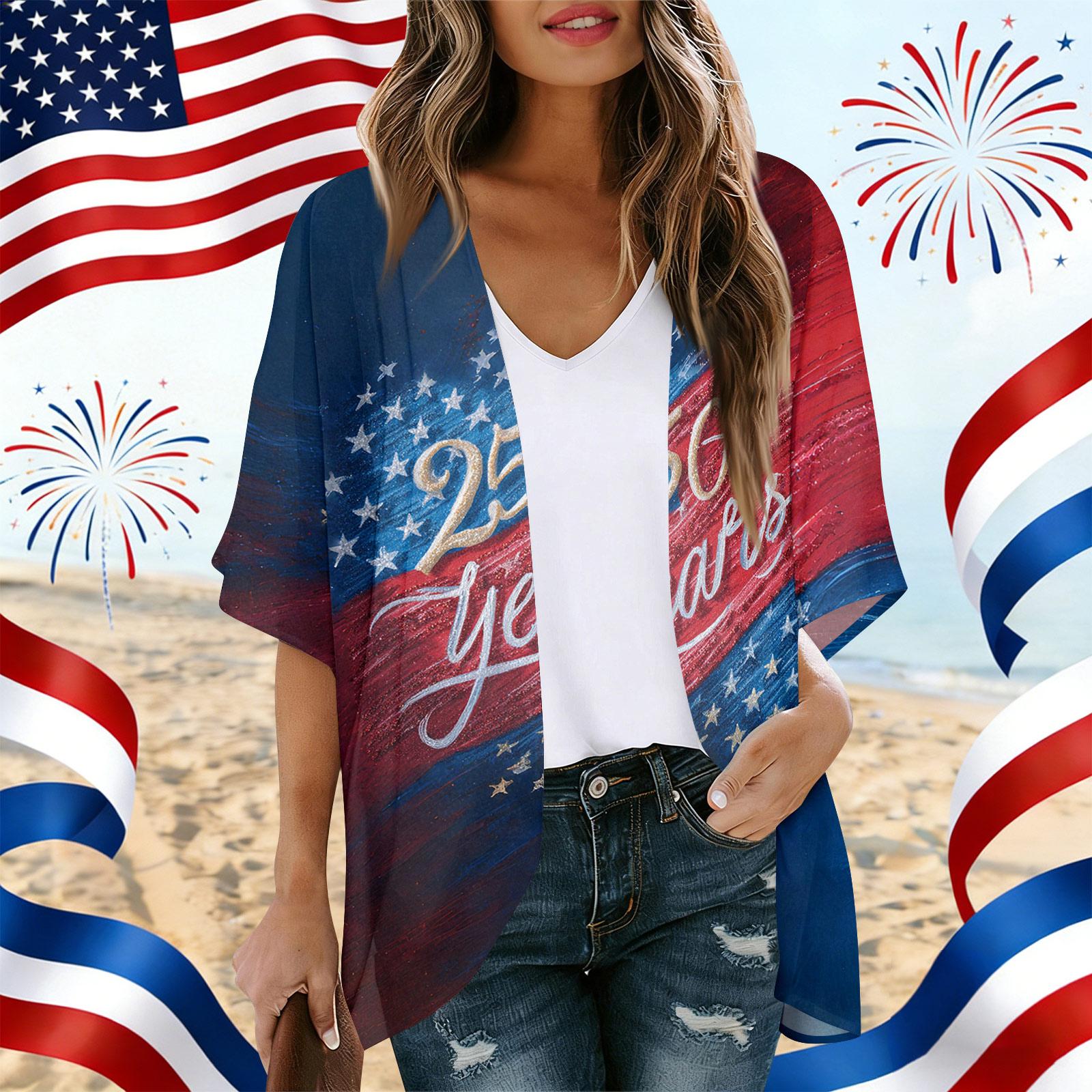Women s Independence Day Print Cardigan, Loose-Fit Tunic, Casual Shirt S тёмно-синий