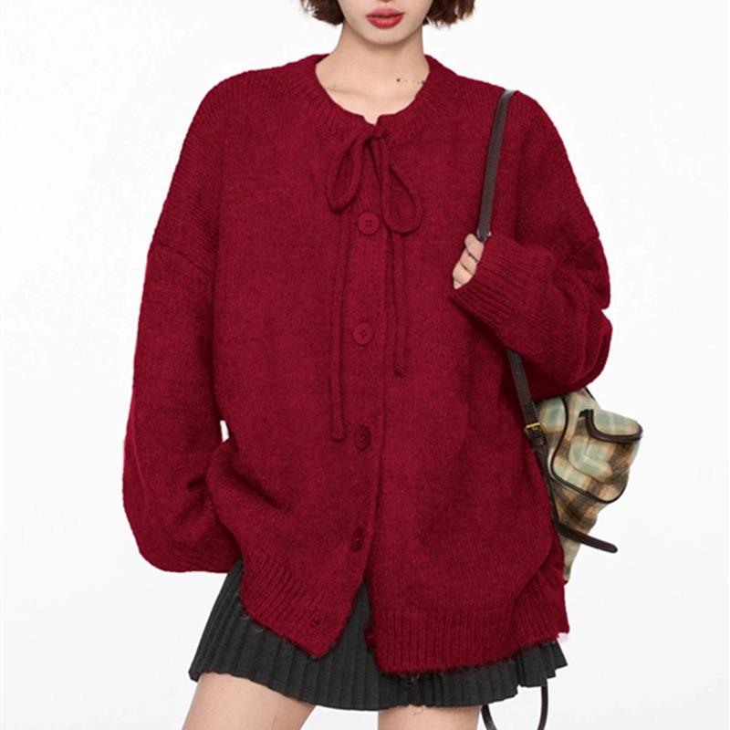 Retro bow sweater jacket women's autumn and winter loose lazy style new knitted cardigan top women